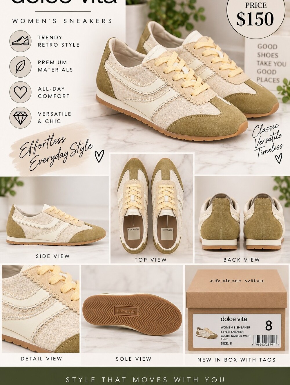 NIB Dolce Vita Cream and Olive Green Women's Sneakers